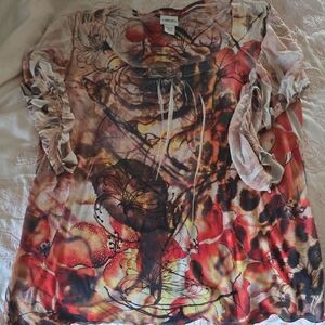 Chico's Artistic Orange Red and Brown  Black Blouse